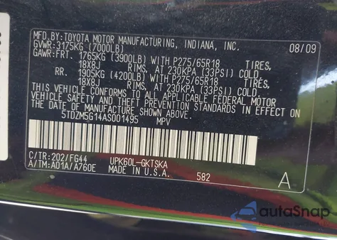 2010 Toyota Sequoia Sr5 4.6L V8 from USA, damaged, VIN 5TDZM5G14AS001495